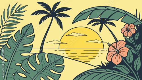 Vector illustration tropical sunset scene with palm trees, large monstera leaves, and hibiscus flowers, stylized illustration