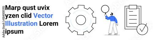 Gear symbol, person holding balloon, and checklist with tick mark. Ideal for workflow, innovation, productivity, business tasks, problem-solving, strategizing simple landing page