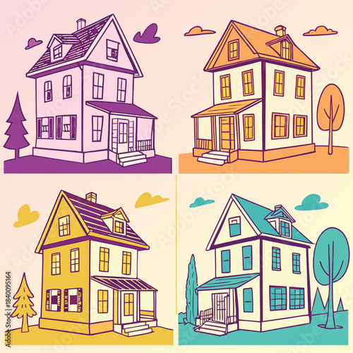 Vector illustration four colorful illustrations of traditional american houses with detailed outlines, set against a gradient background, 122 chars max