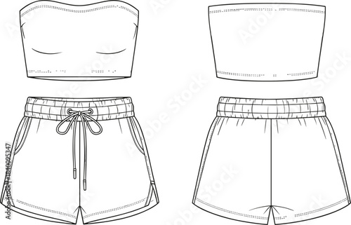 Technical flat sketch vector illustration of a women's tube top and drawstring shorts set, front and back views, cropped apparel design for summer fashion template, loungewear CAD drawing.