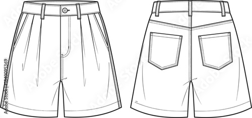 Women high waist tailored shorts technical flat sketch front back view fashion design illustration apparel template vector outline isolated white background minimal modern style