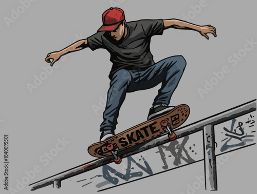 Detailed vector design of a skateboarder grinding on a rail with graffiti art, perfect for urban sports and youth culture themed designs and prints