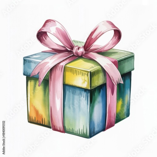 Colorful Watercolor Present Wrapped With a Ribbon on a Plain Background, Showcasing Artistic Gift Design Techniques