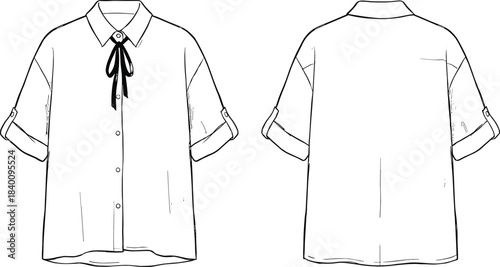 Women's cropped high neck half-zip pullover sweatshirt technical flat fashion sketch vector template illustration front and back view with balloon sleeve CAD drawing mockup concept.