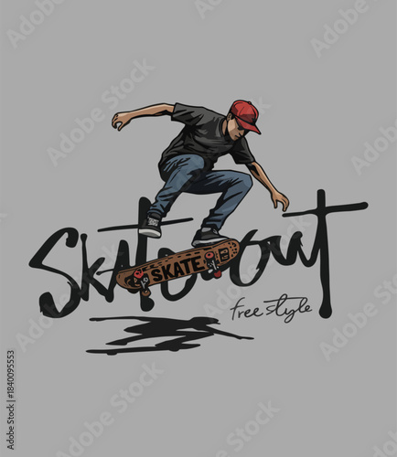 Vibrant vector artwork of a skateboarder jumping with freestyle text for active lifestyle designs or extreme sport promotions and apparel prints
