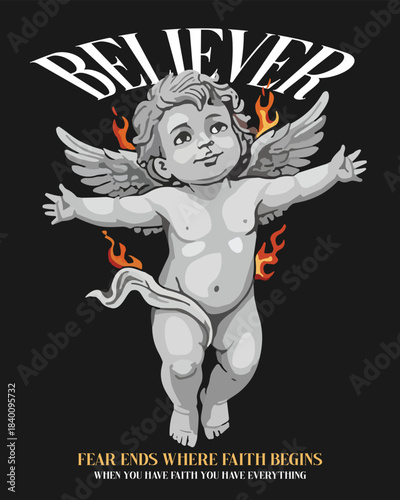 Believer vector illustration featuring a cherubic angel surrounded by flames, a unique design suitable for graphic tees and posters.