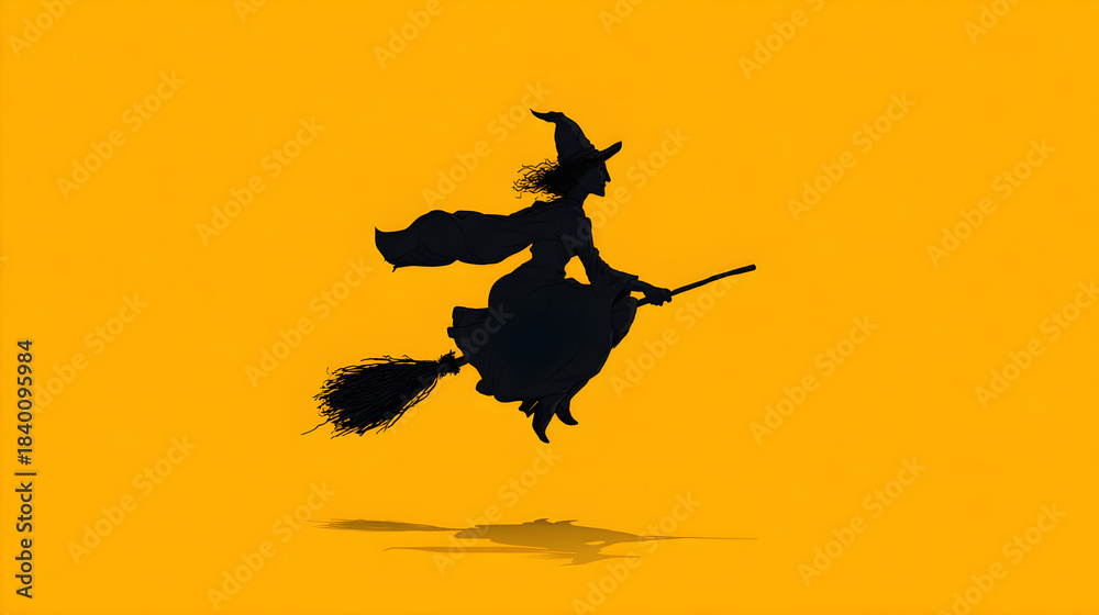Fototapeta premium Black vector illustration of a girl riding a silhouette horse flying like a mythological pegasus with a witch hat