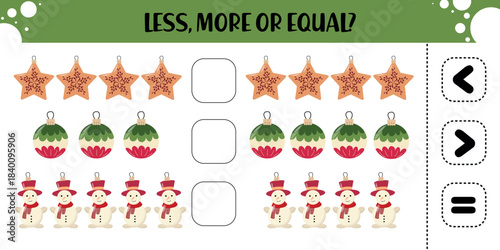 A fun and festive Christmas-themed worksheet for preschoolers and kindergarteners to practice comparing quantities.