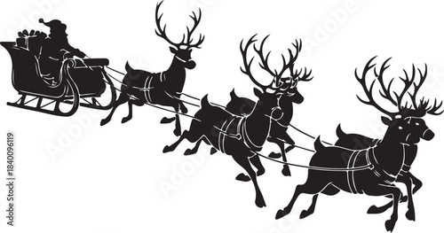 Silhouette of Santa Claus in a sleigh pulled by reindeer across a white background christmas holiday