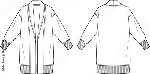Women's oversized long sleeve open front cardigan technical flat fashion sketch vector template illustration front and back view with ribbed cuffs apparel CAD drawing design mockup concept.