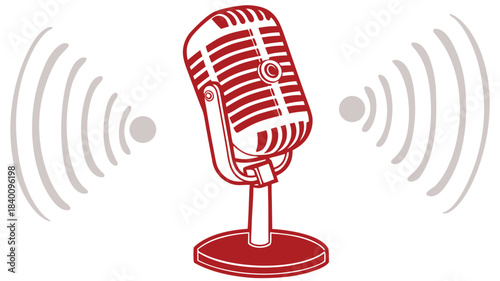Vector illustration vintage microphone broadcasting sound waves illustration