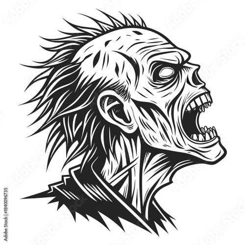 Vector illustration horror zombie head illustration with spiky hair, roaring