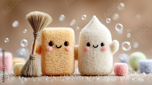 A cute line-up of fuzzy, anthropomorphic cleaning sponge characters, including a bunny with a broom, smiling against a bokeh background with bubbles