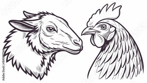 Vector illustration engraving style illustration of a sheep head and a rooster head side by side