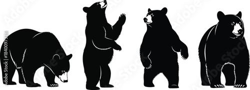 Flat design black bear vector silhouettes set