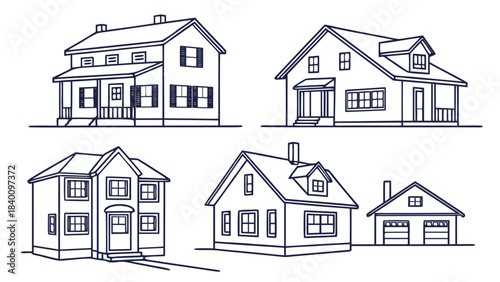 Vector illustration set of six different house line drawings