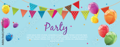 Party background banner with flags and balloons