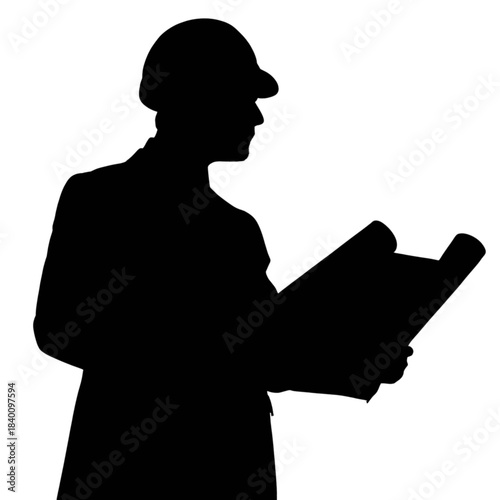 Silhouette of an engineer or architect wearing a hard hat and holding rolledup blueprints