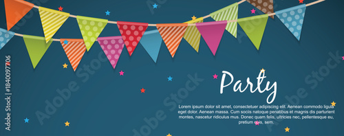 Party background banner with flags and balloons
