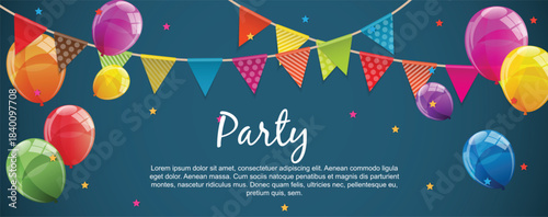 Party background banner with flags and balloons