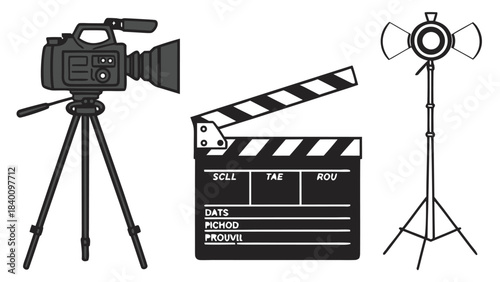 Vector illustration film production equipment video camera on tripod, clapperboard, and studio light