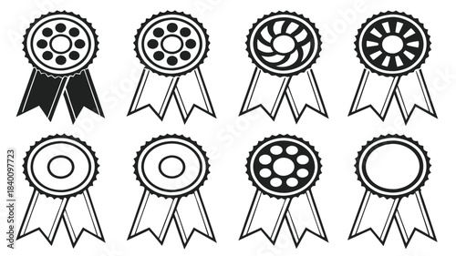 Vector illustration set of eight award ribbons or medals with different inner designs