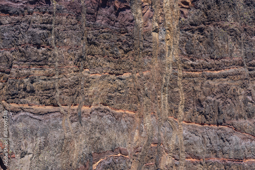 Rock strata of Ponta de Sao Lourenco Madeira shown in detailed closeup, revealing layered volcanic textures and earthy tones suitable as natural background