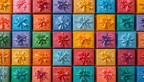 Colorful Wrapped Gifts Arranged Neatly for a Festive Celebration Event at a Local Community Center