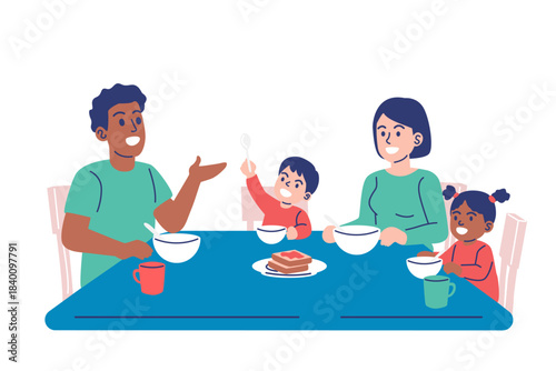 Happy family having breakfast together at the dining table with father talking to children