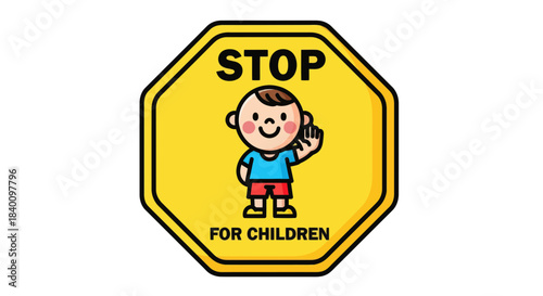 Warning Sign, Child Safety Stop Gesture For Children, Cartoon Style Vector Illustration