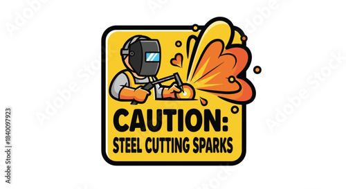Welding Hazard Sign Depicting Sparks and Caution Warning Against Steel Cutting Actions