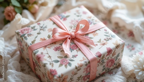 Beautifully Wrapped Gift Box With Floral Design and Ribbon Placed on Soft Fabric With Flowers Nearby