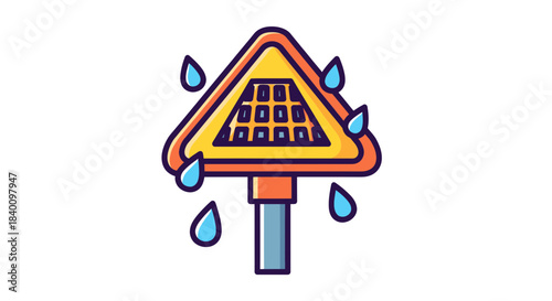 Wet Pavement Symbol: Vector Illustration Of Rainy Weather Road Warning Sign