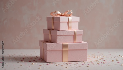 Stack of Elegant Pink Gift Boxes With Ribbons on a Soft Pastel Background Decorated With Confetti