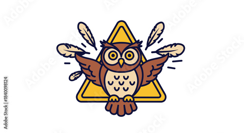Wise Owl Emblem Displaying Wings and Feathers Inside a Yellow Triangle Shape