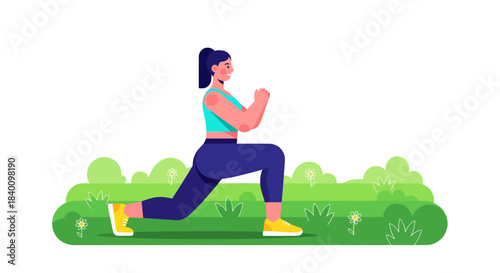 Woman Exercising Outdoors With Lunges In A Green Park Setting For Fitness Goals