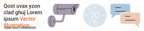 Security systems, data analytics, communication, remote monitoring, surveillance, digital conversations. Security camera, percentage gauge and speech bubbles. Security systems and data analytics
