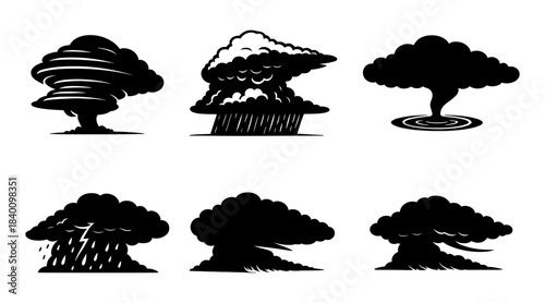 xplosion clouds silhouette icons set, mushroom cloud, storm rain and shock wave