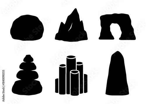 Rock formations silhouette icons set, boulder, mountain peak, stone arch and cairn