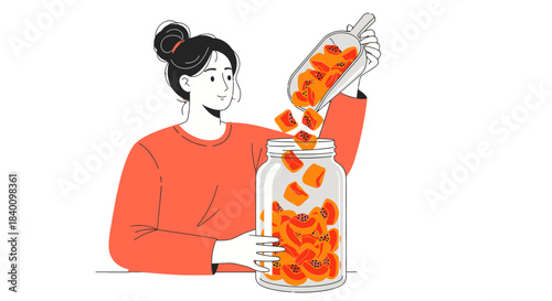 Woman Harvesting Papaya Slices Into Glass Jar: Fresh Fruits Illustration For Healthy Lifestyle