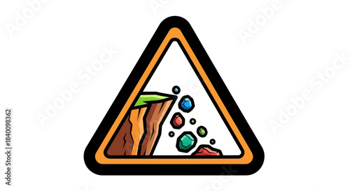 Warning Sign Indicating Rockslide Hazard With Colored Stones Falling From Cliff Side