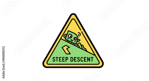 Warning Sign Indicating Steep Descent and A Cautious Creature Approaching the Slope