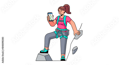 Woman Hiker Using Phone GPS While Climbing Rocks Exploring Nature Recreation Adventure