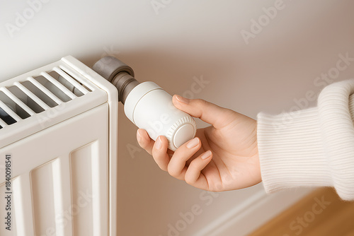 Adjusting radiator thermostat showing home heating temperature control energy efficiency winter comfort and indoor climate management themed visuals