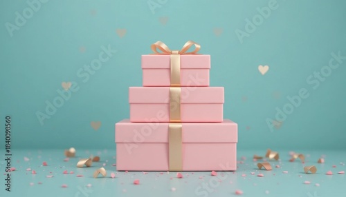 Colorful Stacked Pink Gift Boxes With Golden Ribbons Over a Blue Backdrop Decorated With Heart Shapes