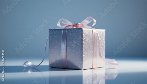 Gift Box Wrapped in Silver Paper and Pink Ribbon With Soft Lighting Accentuating Its Features