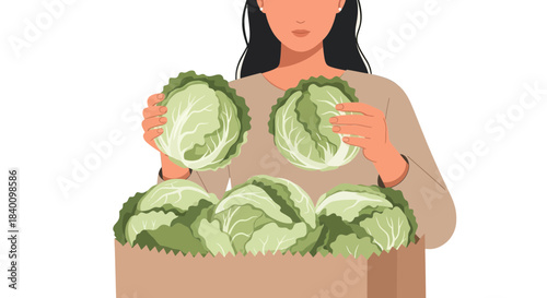 Woman Holding Crisp Green Cabbages in Paper Bag And Ready For Consumption