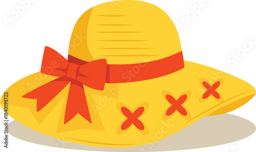 Yellow Straw Sun Hat with Red Ribbon – Cute Summer Fashion Illustration