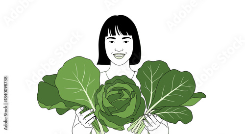 Woman Holding Large Green Vegetables in a Simple Minimalist Black and White Illustration