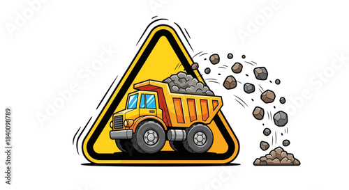 Warning Sign Of A Dump Truck Dumping Rocks In A Construction Zone Design